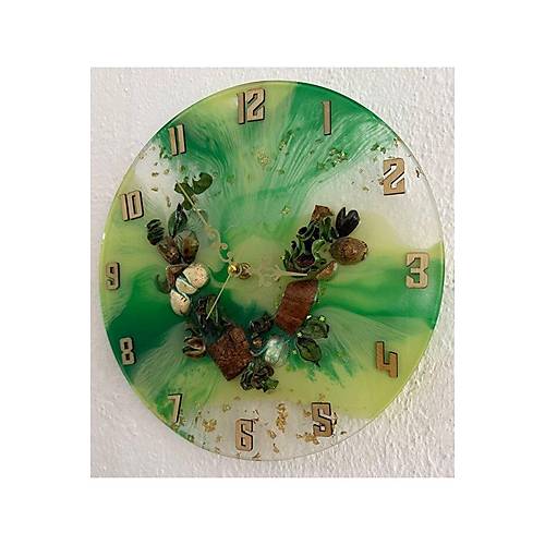 El Yapm Epoksi Duvar Saati | Kurutulmu Bitki Detayl | Yeil & Beyaz | 30 cm
