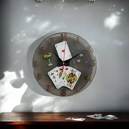 PELNCE - skambil Kad, Poker, Zar, Oyun Kartlar Temal Epoksi Duvar Saati - 30 cm - Siyah Renk