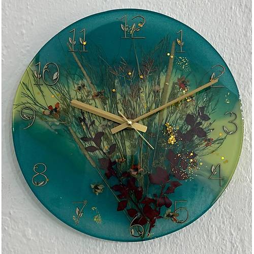 PELNCE - Gelincik ve Doal iek Buketi Epoksi Duvar Saati (zel Tasarm - Tek retim) - 30 cm