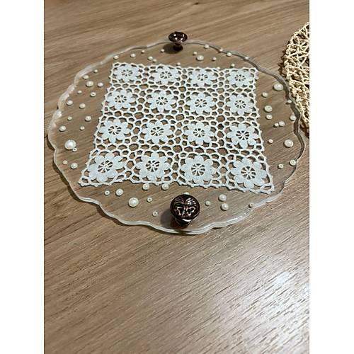 Epoksi Reine Dantelli Tepsi - Kare Dantel Detayl effaf ncili - ap: 25 cm