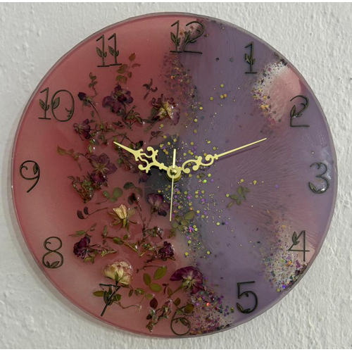 PELNCE - Pembe Mor Tomurcuk Gll Epoksi Duvar Saati (zel Tasarm - Tek retim) - 30 cm