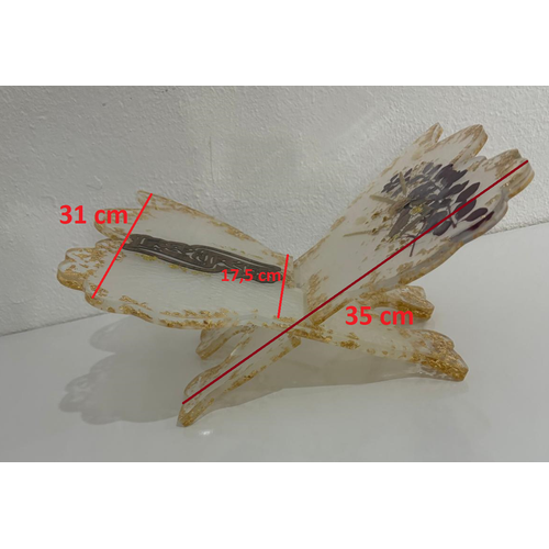 effaf Epoksi Altn Varakl Bitkili ve Yaz Motifli Kelebek Rahle (zel Tasarm - Tek retim) - 35x31 cm