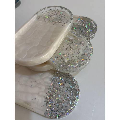 PELNCE - El Yapm 6'l Epoksi Sunumluk - nci Beyaz Gm Glitter & Varakl - Ebatlar: 17,5 x 9,5 cm