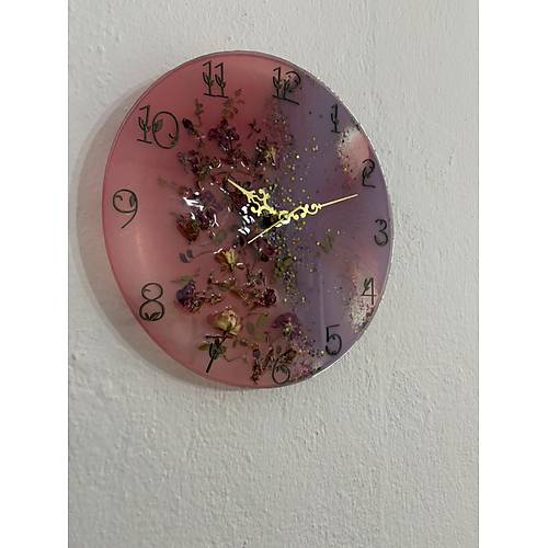 PELNCE - Pembe Mor Tomurcuk Gll Epoksi Duvar Saati (zel Tasarm - Tek retim) - 30 cm