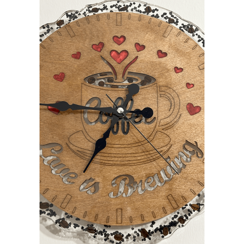 Ahap Duvar Saati - Coffee Love is Brewing - Epoksi Reine Kaplamal - 30 cm