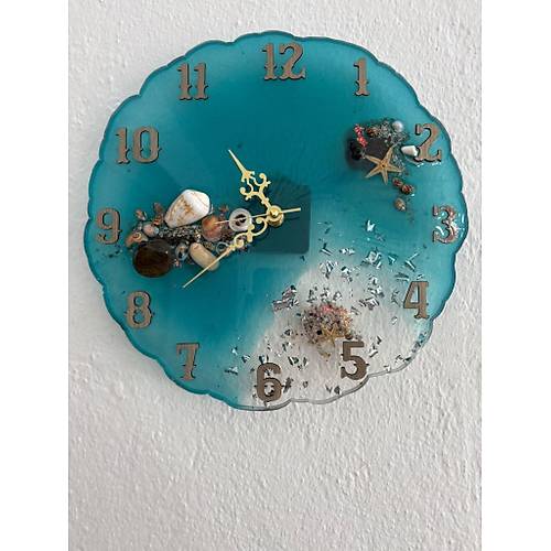 PELNCE - Deniz Temal Epoksi Duvar Saati (Deniz Yldz, Kabuk & Talarla) - Turkuaz -30 cm