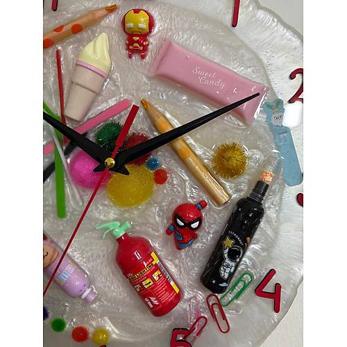 PELNCE KIDS - Rengarenk Temal Epoksi ocuk Odas Duvar Saati - 30 cm - Krmz Renk Rakaml