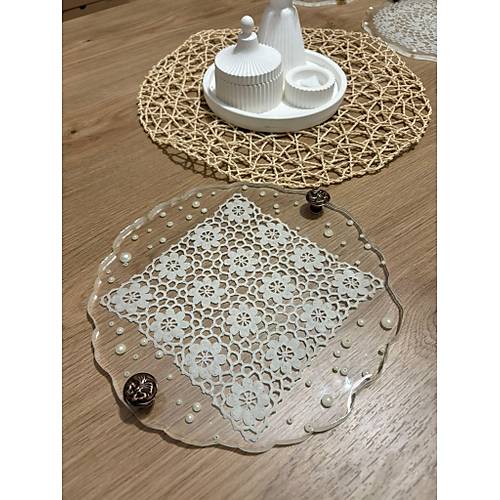 Epoksi Reine Dantelli Tepsi - Kare Dantel Detayl effaf ncili - ap: 25 cm