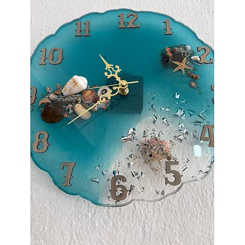 PELNCE - Deniz Temal Epoksi Duvar Saati (Deniz Yldz, Kabuk & Talarla) - Turkuaz -30 cm