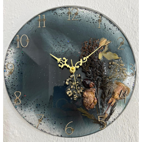 PELNCE - Kuru Gl ve Doal iekli - Siyah - Epoksi Duvar Saati (zel Tasarm - Tek retim) - 30 cm