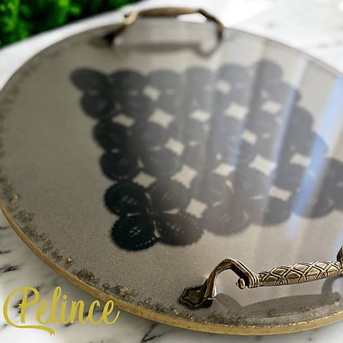Epoksi Reine Dantelli Tepsi - Siyah Kare Dantel Gold Tal - ap: 30 cm
