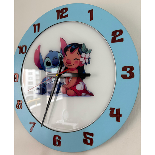 Lilo & Stitch Duvar Saati - Ahap Lazer Kesim Epoksi Tasarm - 40 cm - Pelince Kids