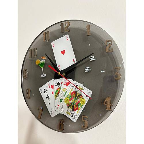 PELNCE - skambil Kad, Poker, Zar, Oyun Kartlar Temal Epoksi Duvar Saati - 30 cm - Siyah Renk