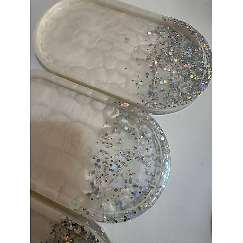 PELNCE - El Yapm 6'l Epoksi Sunumluk - nci Beyaz Gm Glitter & Varakl - Ebatlar: 17,5 x 9,5 cm