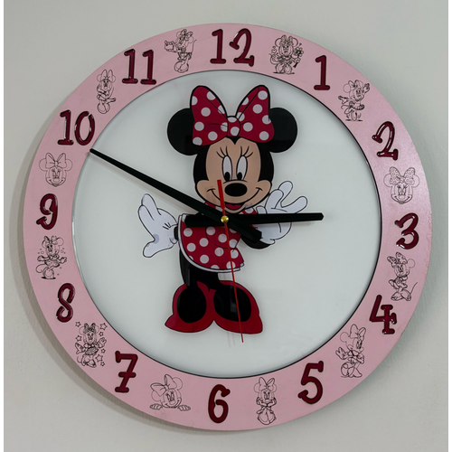 Minnie Mouse Duvar Saati - Ahap Lazer Kesim Epoksi Tasarm - 40 cm - Pelince Kids