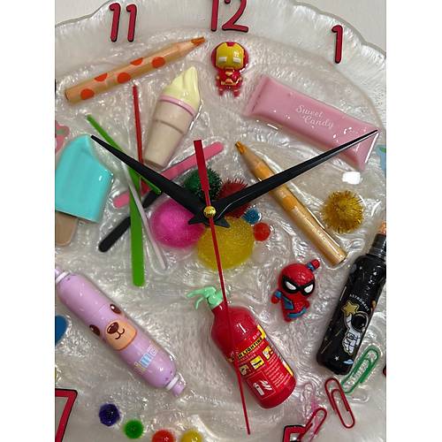 PELNCE KIDS - Rengarenk Temal Epoksi ocuk Odas Duvar Saati - 30 cm - Krmz Renk Rakaml