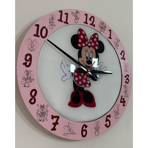Minnie Mouse Duvar Saati - Ahap Lazer Kesim Epoksi Tasarm - 40 cm - Pelince Kids