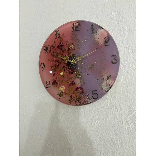 PELNCE - Pembe Mor Tomurcuk Gll Epoksi Duvar Saati (zel Tasarm - Tek retim) - 30 cm