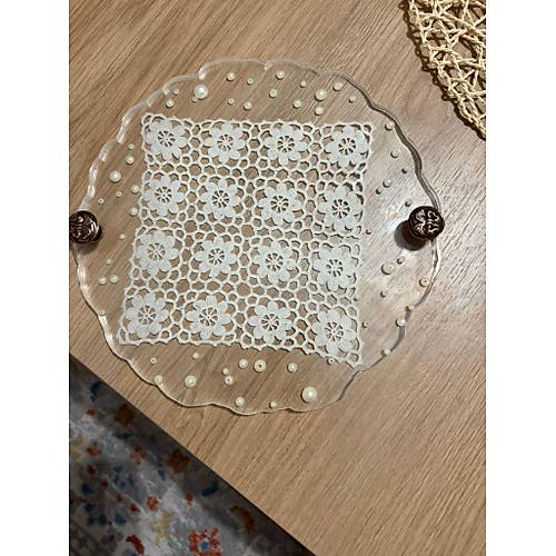 Epoksi Reine Dantelli Tepsi - Kare Dantel Detayl effaf ncili - ap: 25 cm