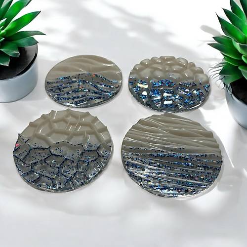 Epoksi Reine Bardak Altl - 4'l Takm - Beyaz ve Mavi Glitter - ap: 12 cm
