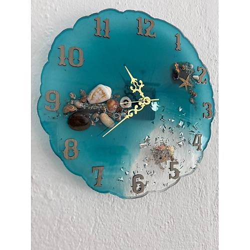 PELNCE - Deniz Temal Epoksi Duvar Saati (Deniz Yldz, Kabuk & Talarla) - Turkuaz -30 cm