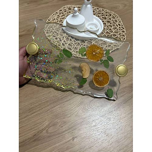 Portakal Narenciye & Elma Dilimli Dikdrtgen Epoksi Reine Tepsi - Glitter Detayl - 30 x 18 cm