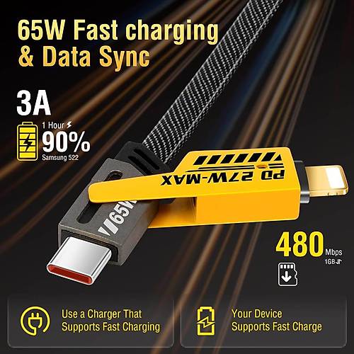 Divex TC-USB to TC-Lightning 65W/PD27W Şarj ve Veri Aktarım Kablosu DC-220