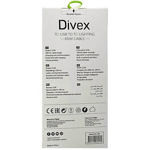 Divex TC-USB to TC-Lightning 65W/PD27W Şarj ve Veri Aktarım Kablosu DC-220