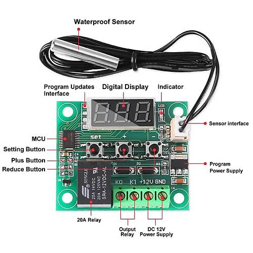 W1209 Röle Çıkışlı Dijital Termostat Kuluçka Akvaryum Sıcaklık Kontrol Kartı