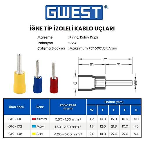 Gwest ne Tip zoleli Kablo Ucu GIK-106 4.00-6.00mm Sar 100 Adet