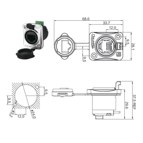 YT-RJ45-JSX-17-001 Su Geçirmez Ethernet Konnektörü - Dişi