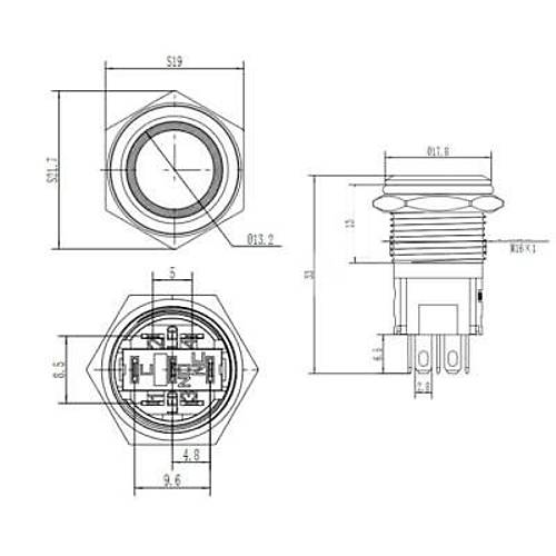 16A-P1Z-E 16mm Dz Anahtarl Ikl Metal Buton - Krmz