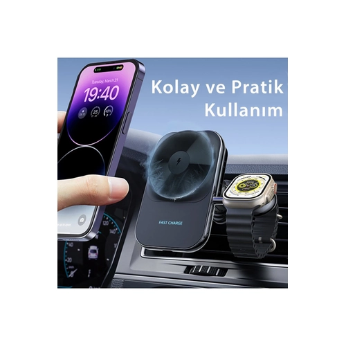 Newface S15 2in1 Izgara Klipsli 15W Telefon ve 5W Apple Watch Kablosuz arj Destekli Soutucu Fanl Manyetik Magsafe Ara Tutucu - Siyah