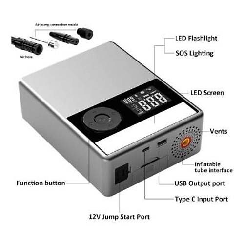AGA-APJS03 12000mAh Ak Takviye Cihaz + Lastik iirme Kompresrl Tanabilir Jump Starter