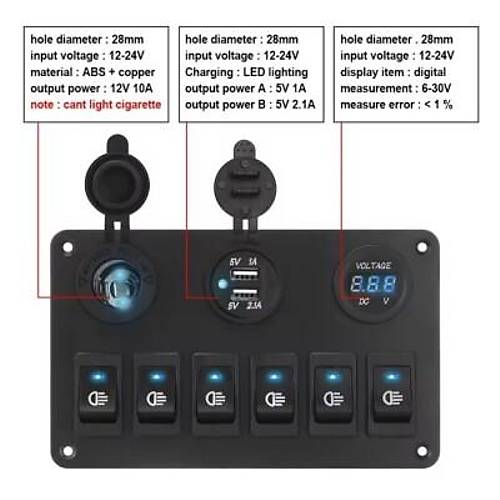 6'l ON-OFF Mavi Ikl Anahtar Switch Panel 2x5V USB akmaklk ve Voltaj Gstergeli