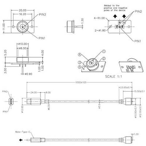 2-Pin 10mm Kablolu PCB'li Pogo Pin Manyetik Konnektr Takm - Type-C Soketli