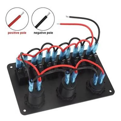 6'l ON-OFF Mavi Ikl Anahtar Switch Panel 2x5V USB akmaklk ve Voltaj Gstergeli