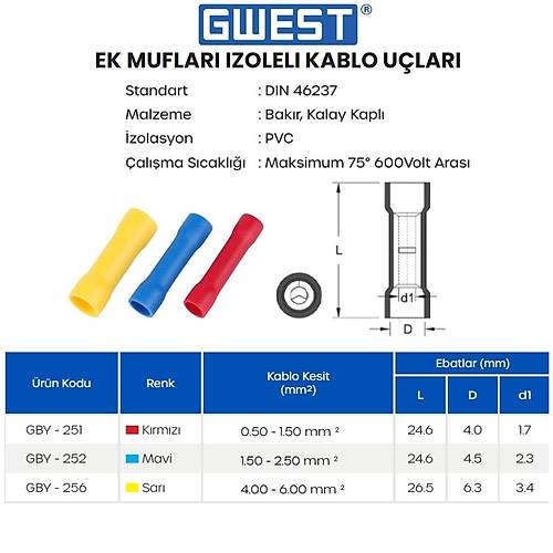 Gwest Ek Muflar zoleli Kablo Ucu GBY-256 4.00-6.00mm Sar 100 Adet