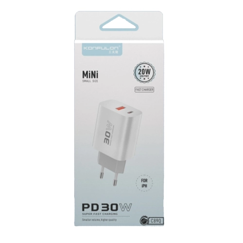 Konfulon C89Q 1 Adet 30W Type-C ve 1 Adet 22.5W USB kl Ekstra DL49 1M USB to Type-C Kablolu PD arj Cihaz - Beyaz
