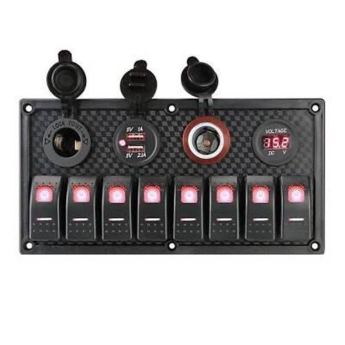 8'li ON-OFF Kırmızı Işıklı Anahtar Panel 2x5V USB 2xÇakmaklık ve Voltaj Göstergeli