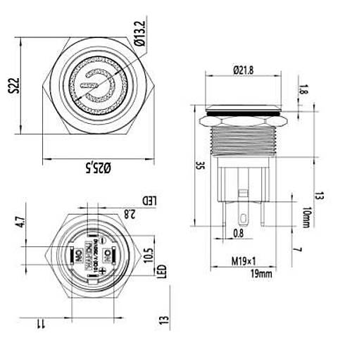 19D-P1Z-EC 19mm Dz Anahtarl Ikl Power Metal Buton - Yeil