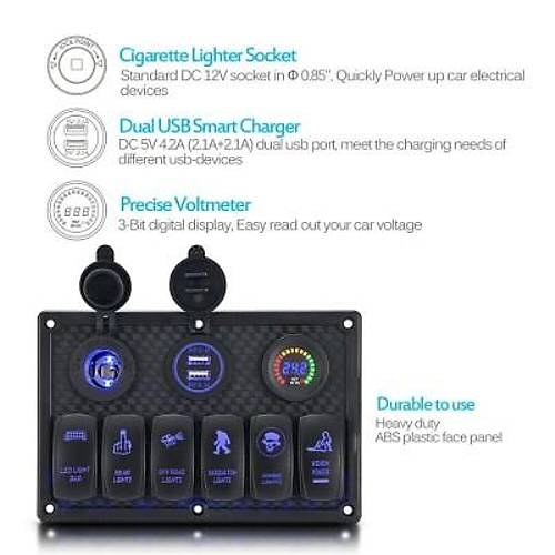 6'l ON-OFF Mavi Ikl Anahtar Switch Panel 2x5V USB akmaklk ve Voltaj Gstergeli