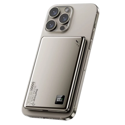 Newface PW555 5.000 mAh Dijital Gstergeli 18W Type-C ve 15W Kablosuz arj PD Hzl arj Magsafe Powerbank - Titanyum