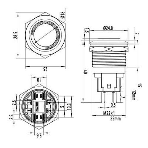 22E-G1Z-E 22mm kk Anahtarl Ikl Metal Buton - Mavi