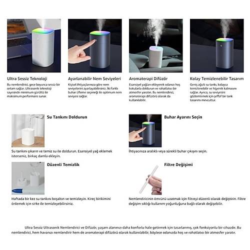 400ml Ultrasonik Hava Nemlendirici Buhar Yapc Difzr Humidifier Gri