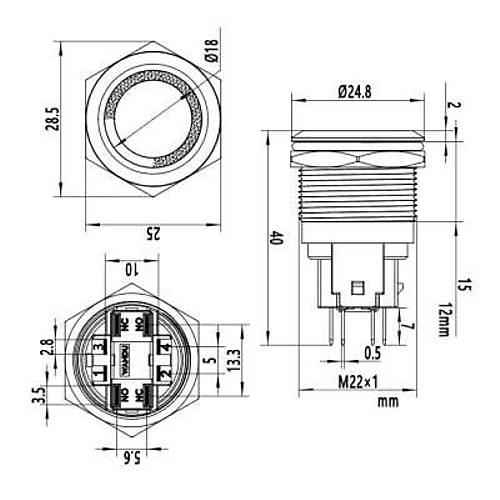 22E-P1Z-E 22mm Dz Anahtarl Ikl Metal Buton - Sar