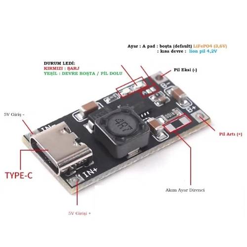 TP5000 LiFePO4 ve Li-ion Pil arj Devresi Type-C Girili Modl 1A