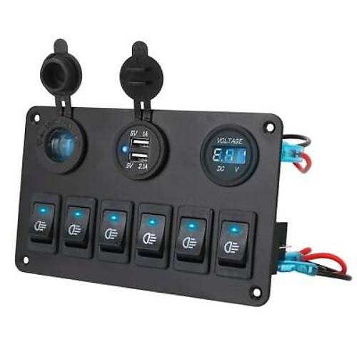6'l ON-OFF Mavi Ikl Anahtar Switch Panel 2x5V USB akmaklk ve Voltaj Gstergeli
