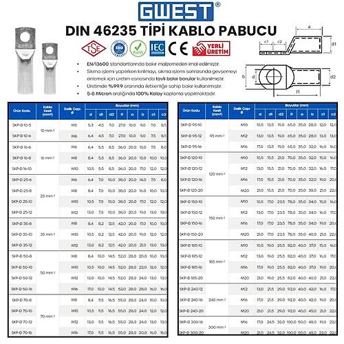 Gwest DIN 46235 Tip Kablo Pabucu SKP-D 50-8 65 Adet