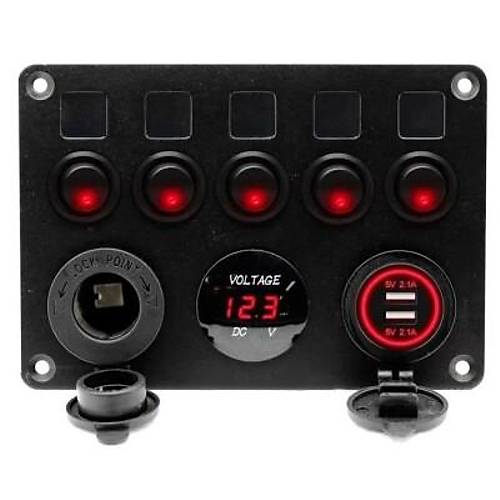 5'li ON-OFF Krmz Nokta Ikl Anahtar Switch Panel 2x5V USB akmaklk ve Voltaj Gstergeli